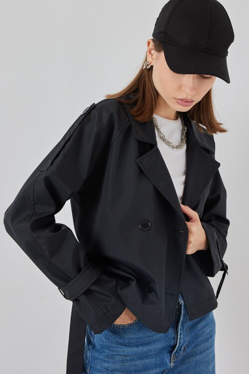 Kadın Kemerli Kısa Trençkot 5970 - Siyah