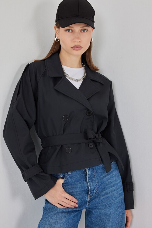 Kadın Kemerli Kısa Trençkot 5970 - Siyah
