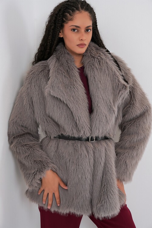 Kadın Kemerli Oversize Kürklü Kaban 9156 - Füme