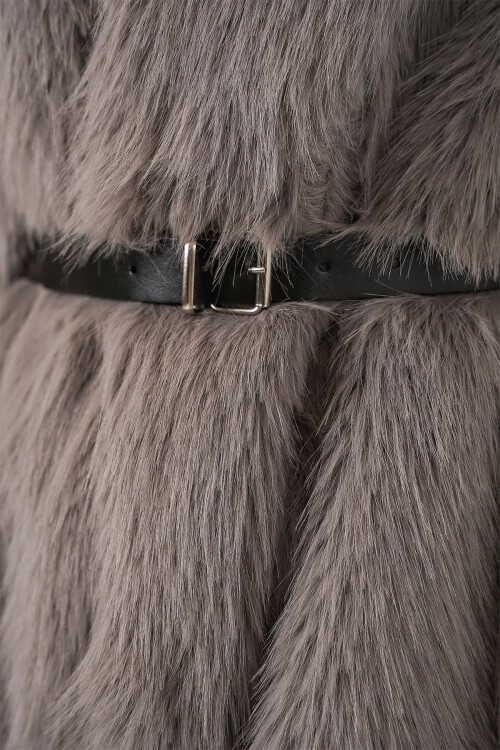 Kadın Kemerli Oversize Kürklü Kaban 9156 - Füme