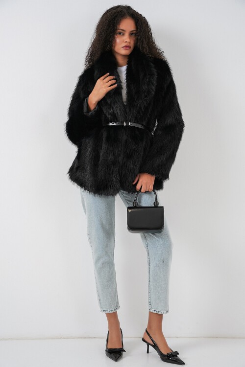 Kadın Kemerli Oversize Kürklü Kaban - Siyah