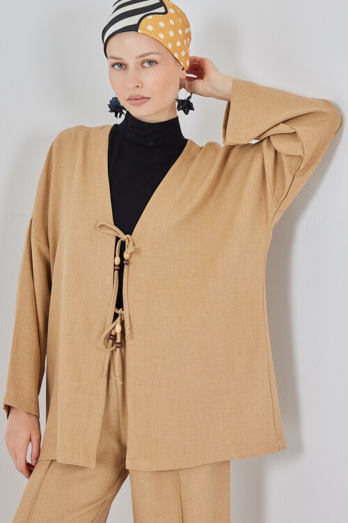 Kadın Keten Kimono İkili Takım 6727 - Bisküvi