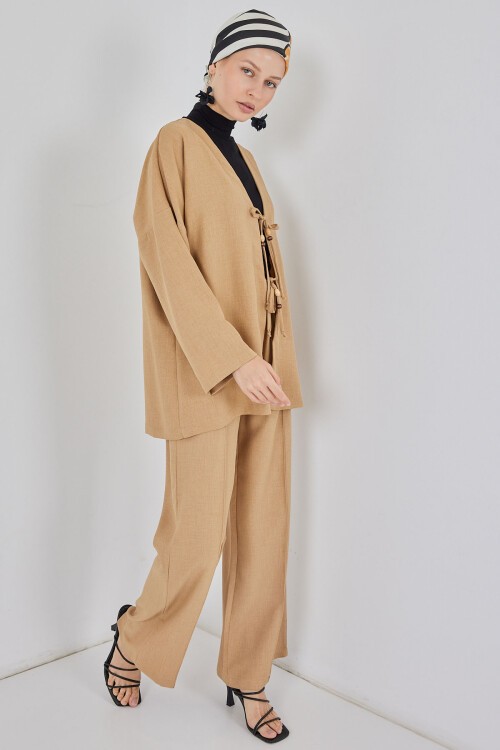 Kadın Keten Kimono İkili Takım 6727 - Bisküvi