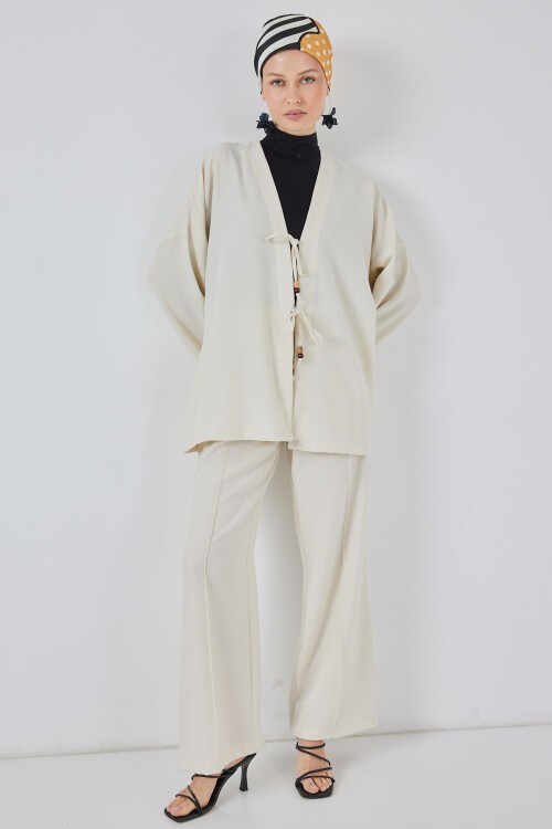 Kadın Keten Kimono İkili Takım 6727 - Ekru