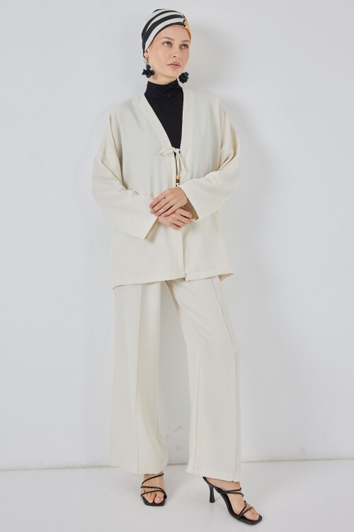 Kadın Keten Kimono İkili Takım 6727 - Ekru