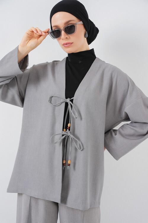Kadın Keten Kimono İkili Takım 6727 - Gri