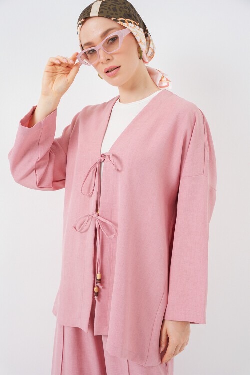 Kadın Keten Kimono İkili Takım 6727 - Gül Kurusu