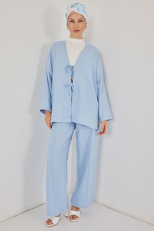 Kadın Keten Kimono İkili Takım 6727 - Mavi