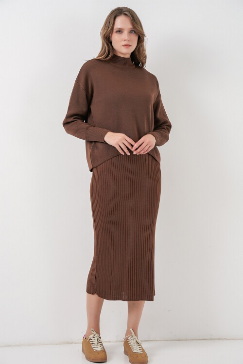 Kadın Kısa Kazaklı Triko Elbise 15958 - Kahverengi