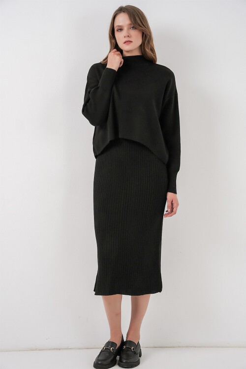 Kadın Kısa Kazaklı Triko Elbise 15958 - Siyah