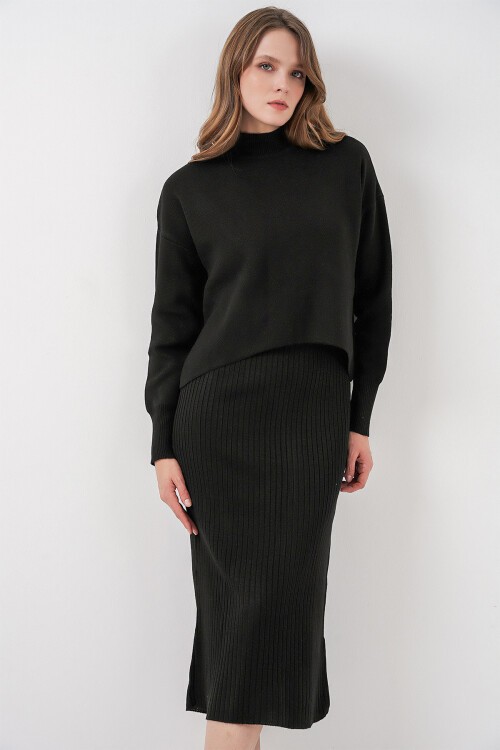 Kadın Kısa Kazaklı Triko Elbise 15958 - Siyah