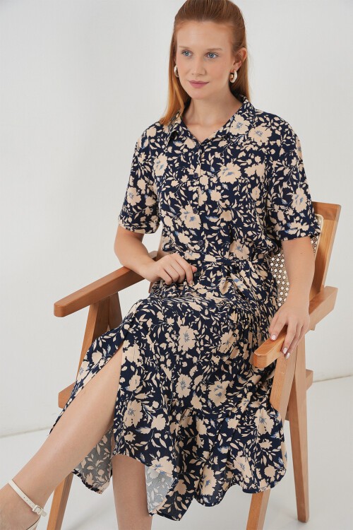 Kadın Kısa Kol Desenli Elbise 2560 - Lacivert