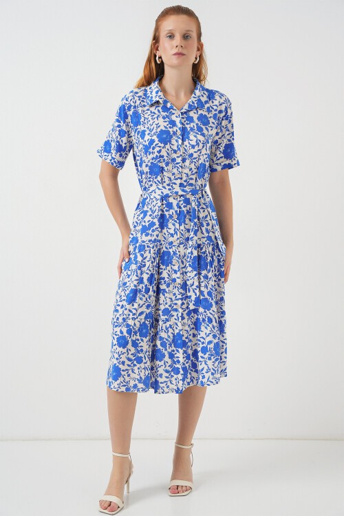 Kadın Kısa Kol Desenli Elbise 2560 - Saks