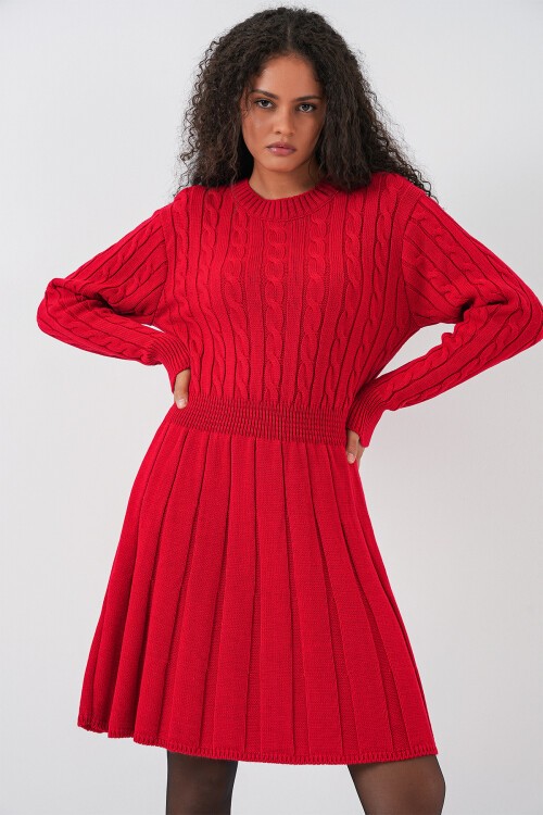 Kadın Kısa Triko Elbise 15943 - Kırmızı