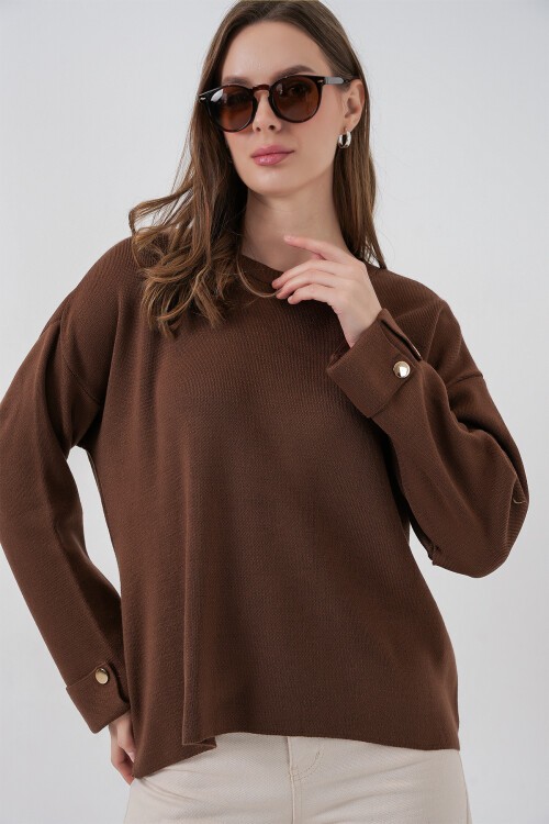 Kadın Kol Düğmeli Oversize Triko Kazak 15981 - Kahverengi