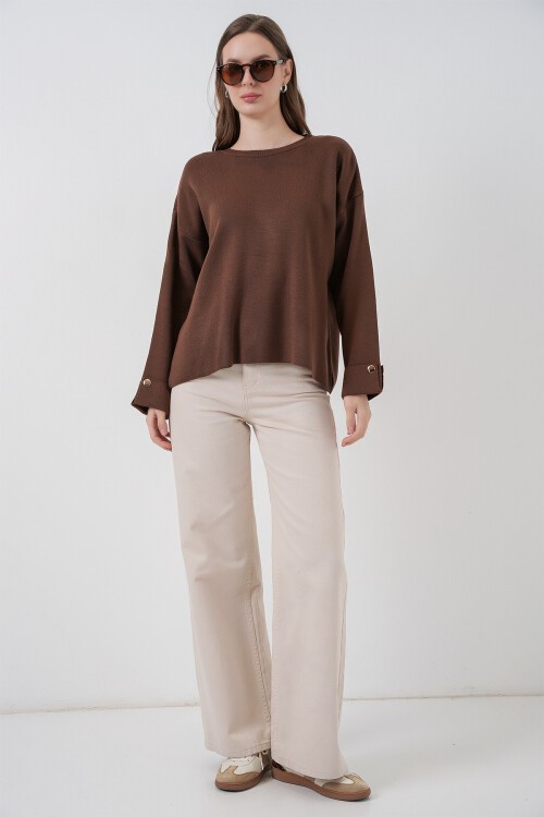 Kadın Kol Düğmeli Oversize Triko Kazak 15981 - Kahverengi