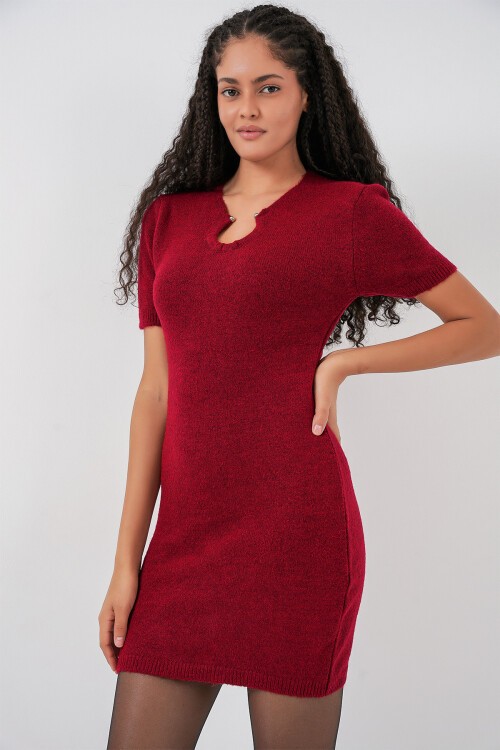 Kadın Kolye Detaylı Triko Elbise 15989 - Bordo