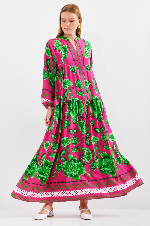 Kadın Koyu Pembe Yeşil Viskon Tesettür Elbise 2423