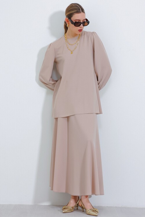 Kadın Krem Örme Etek Tunik Alt Üst Takım 8014