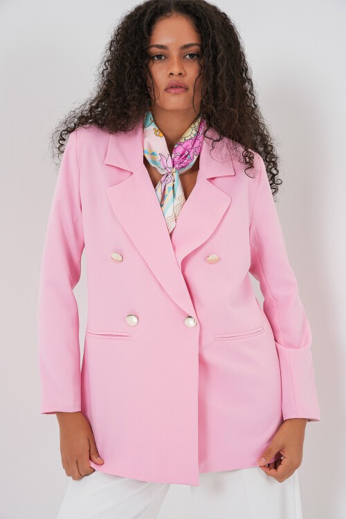 Kadın Kruvaze Yaka Blazer Ceket 0722 - Pudra