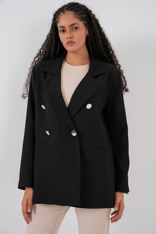 Kadın Kruvaze Yaka Blazer Ceket 0722 - Siyah