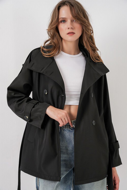 Kadın Kruvaze Yaka Kısa Trençkot 5980 - Siyah