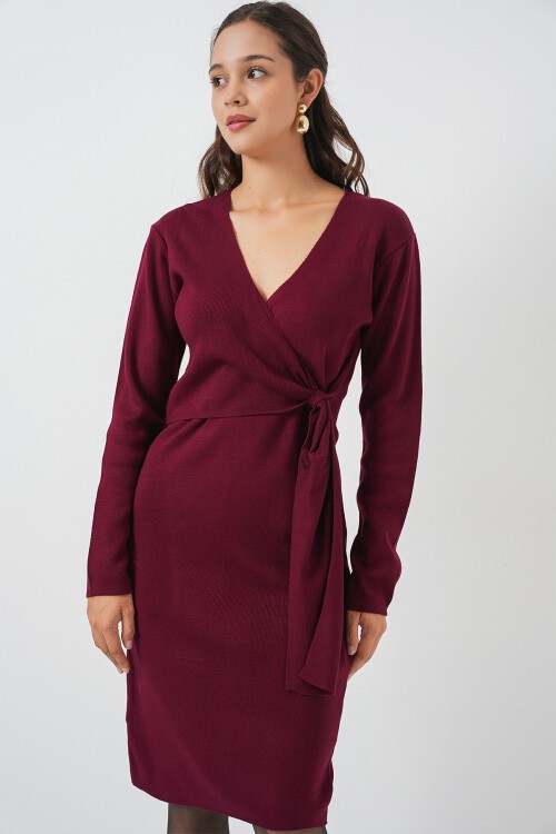 Kadın Kruvaze Yaka Triko Elbise 15928 - Bordo