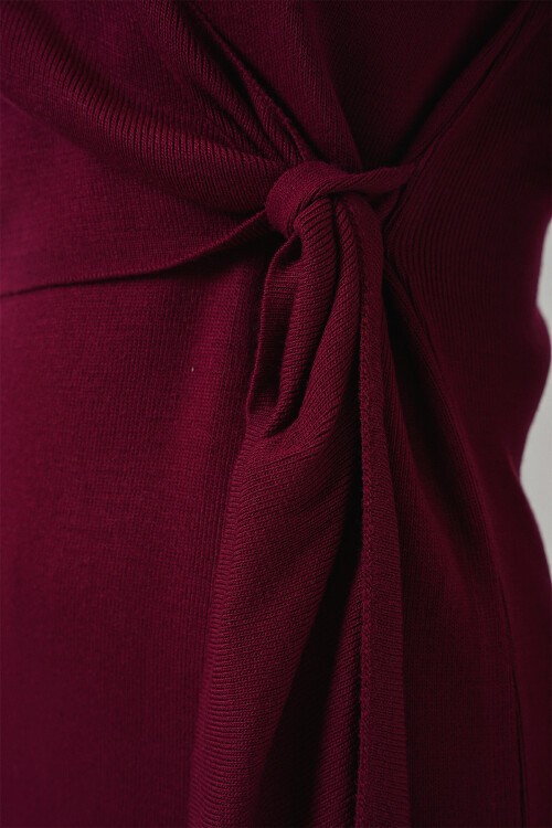 Kadın Kruvaze Yaka Triko Elbise 15928 - Bordo