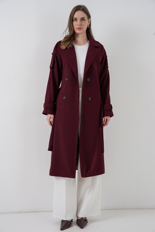 Kadın Kuşaklı Kaşe Kaban 9161 - Bordo