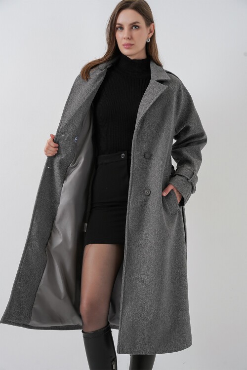 Kadın Kuşaklı Kaşe Kaban 9161 - Gri