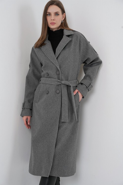 Kadın Kuşaklı Kaşe Kaban 9161 - Gri