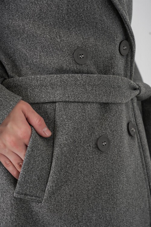 Kadın Kuşaklı Kaşe Kaban 9161 - Gri