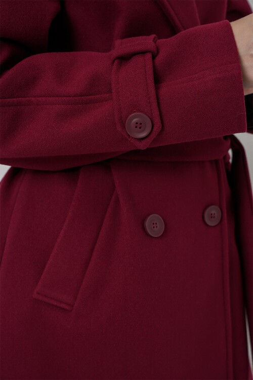 Kadın Kuşaklı Kaşe Kaban 9161 - Kırmızı