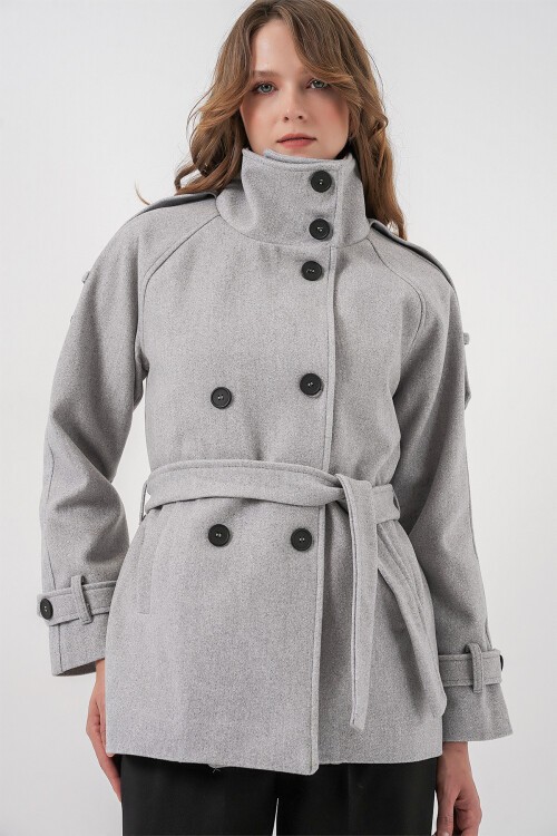 Kadın Kuşaklı Kaşe Kaban 9162 - A.Gri