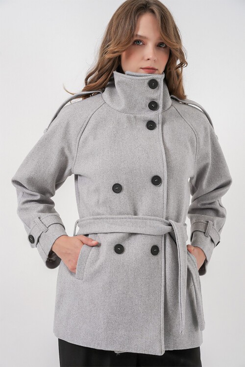 Kadın Kuşaklı Kaşe Kaban 9162 - A.Gri