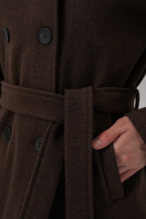 Kadın Kuşaklı Kaşe Kaban 9162 - A.Kahve