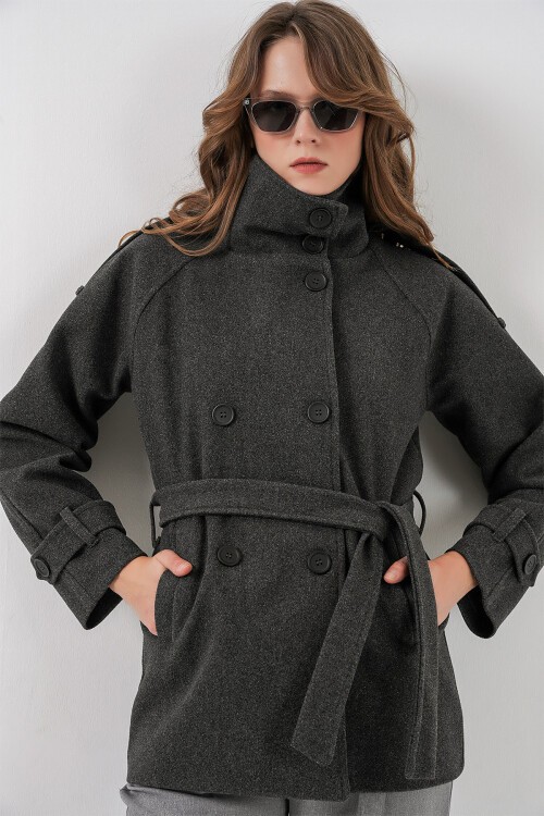 Kadın Kuşaklı Kaşe Kaban 9162 - Antrasit