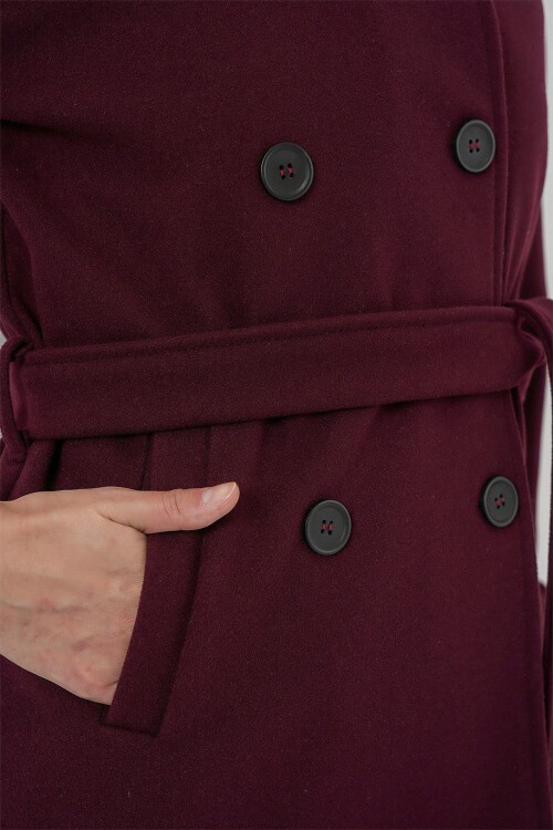 Kadın Kuşaklı Kaşe Kaban 9162 - Bordo