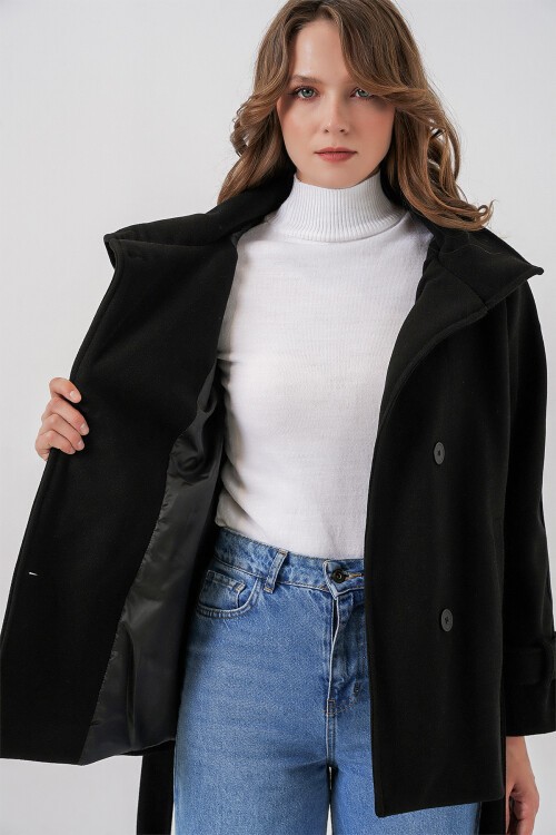 Kadın Kuşaklı Kaşe Kaban 9162 - Siyah