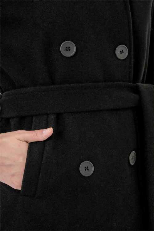 Kadın Kuşaklı Kaşe Kaban 9162 - Siyah