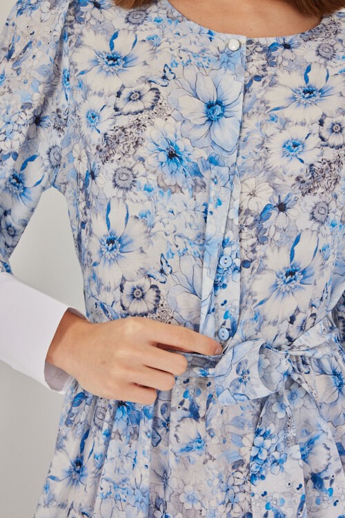 Kadın Kuşaklı Uzun Elbise 2584 - Mavi