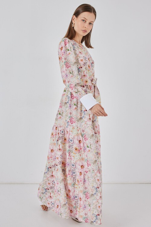 Kadın Kuşaklı Uzun Elbise 2584 - Pembe