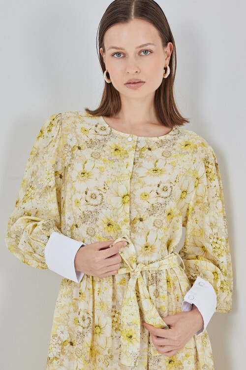 Kadın Kuşaklı Uzun Elbise 2584 - Sarı