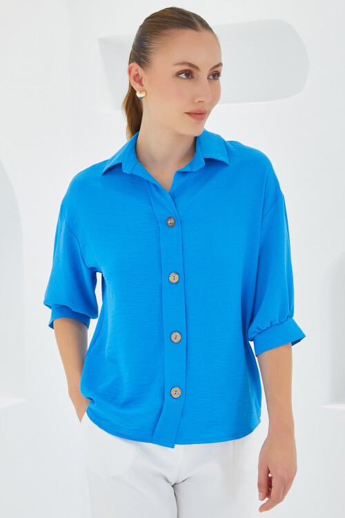 Kadın Mavi Kısa Kol Oversize Keten Gömlek 20240