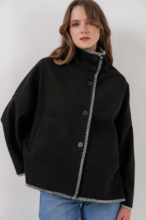 Kadın Nakışlı Kaşe Ceket 9167 - Siyah