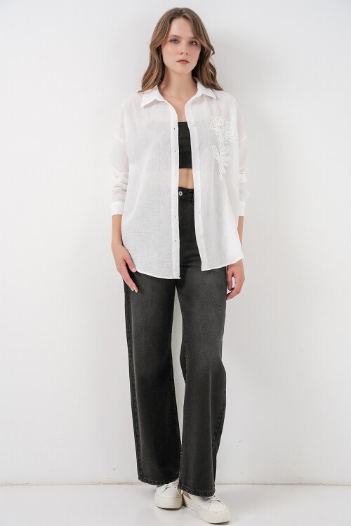Kadın Nakışlı Oversize Gömlek 20338 - Beyaz