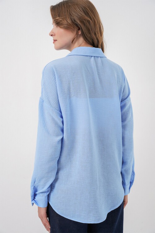 Kadın Nakışlı Oversize Gömlek 20338 - Mavi