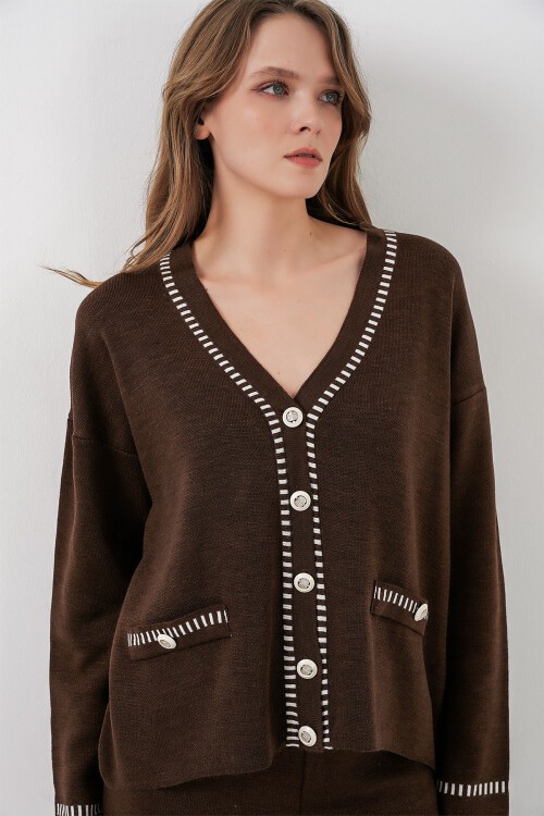 Kadın Nakışlı Triko Hırka Pantolon İkili Takım 15963 - Kahverengi