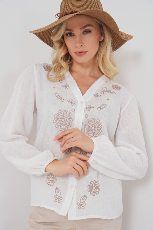 Kadın Nakışlı Uzun Kol Bluz 963 - Kahverengi