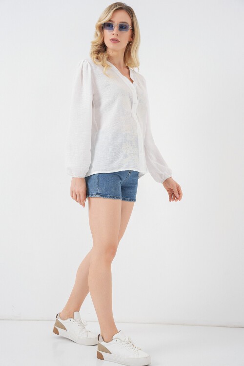 Kadın Nakışlı Uzun Kol Bluz 963 - Krem